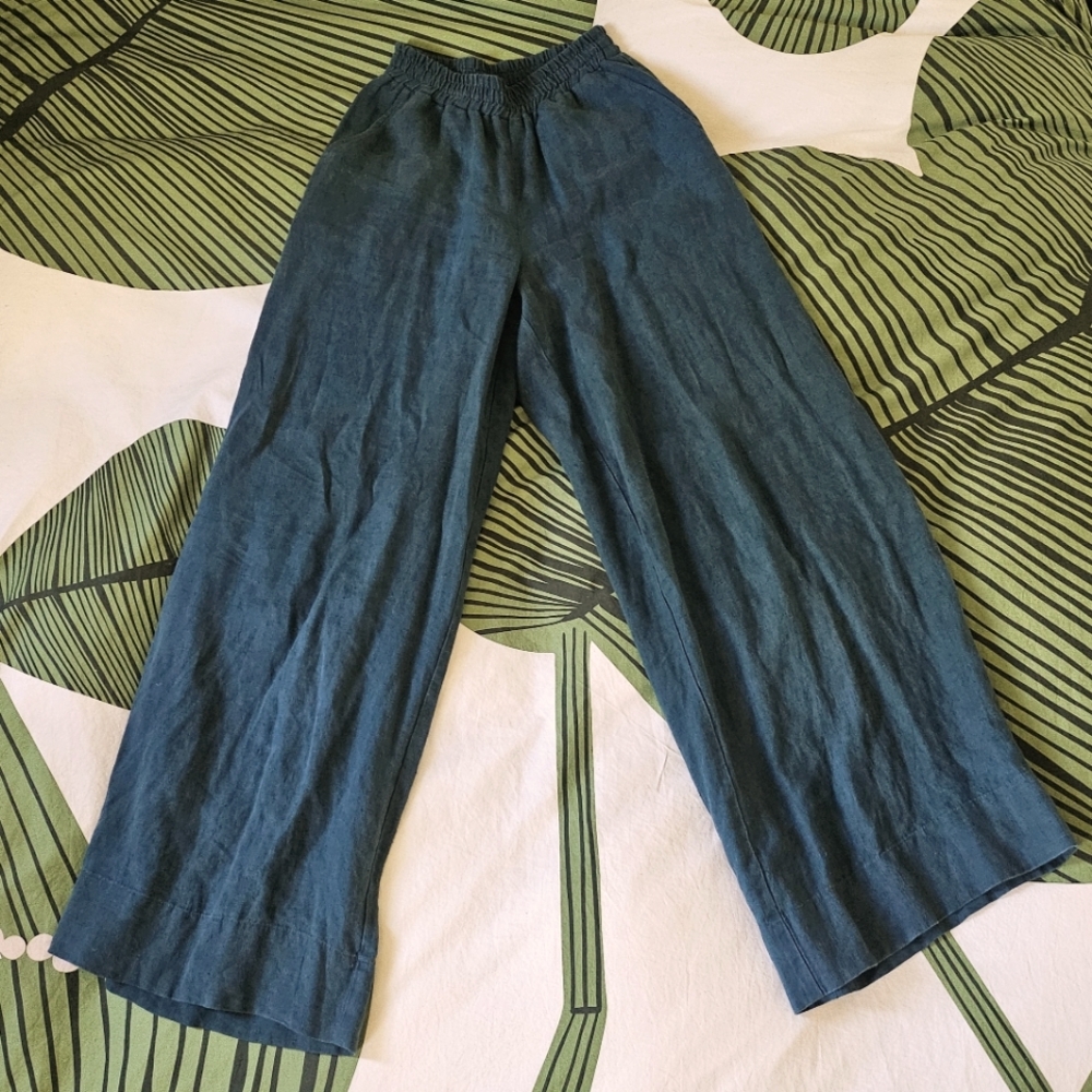 WavyLinen Emerald Green Wide-Leg Linen Pants Size XS Long/Tall Inseam